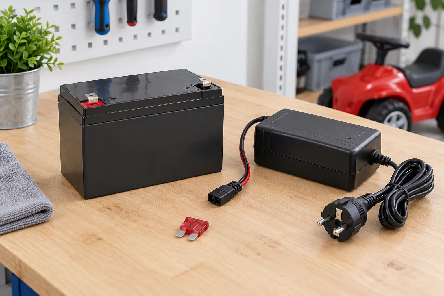 Akku, Ladegerät mit Schuko-Stecker und Sicherung eines Kinder-Elektroautos