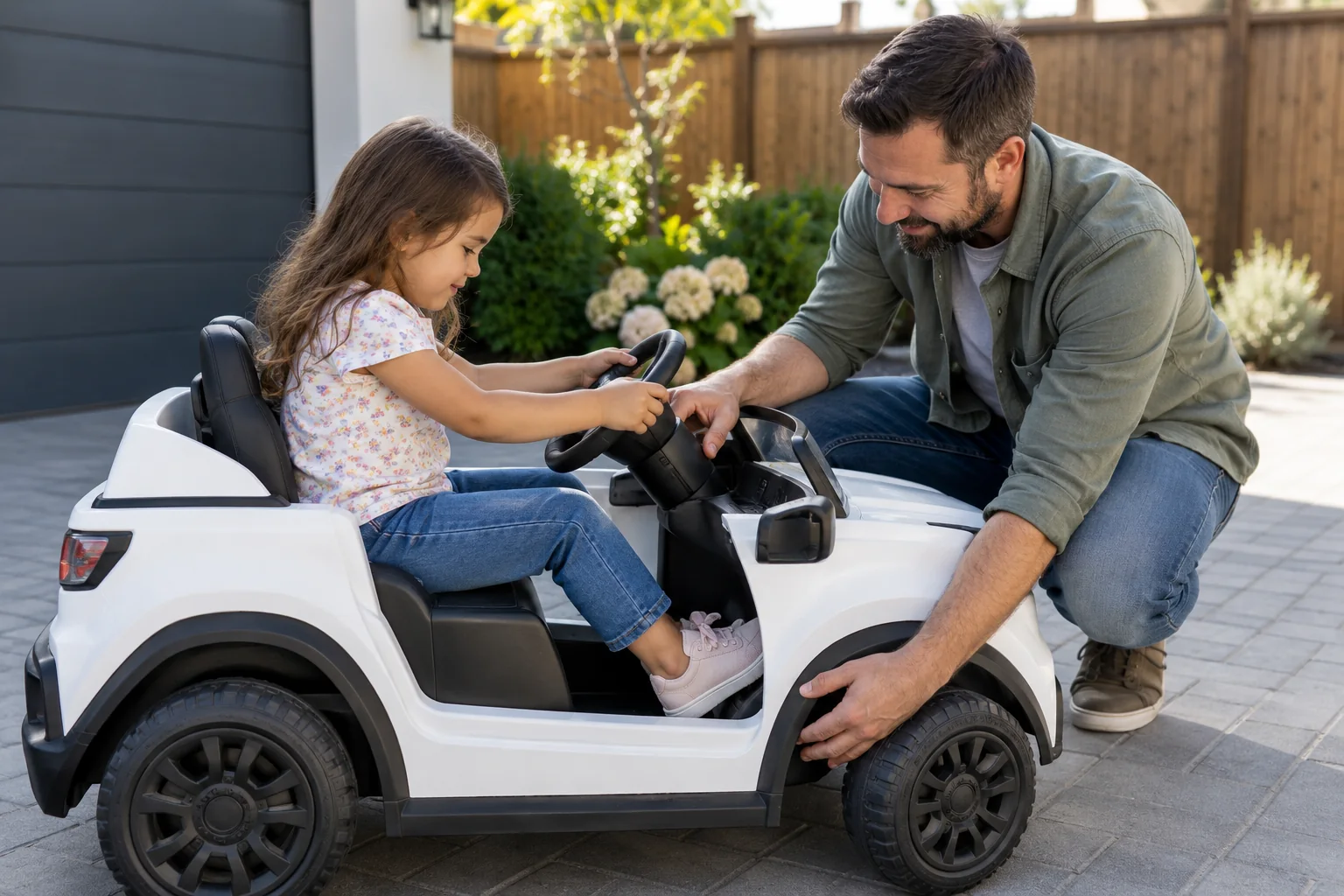 Erwachsener prüft die Sitzposition eines Kindes in einem stehenden Kinder-Elektroauto