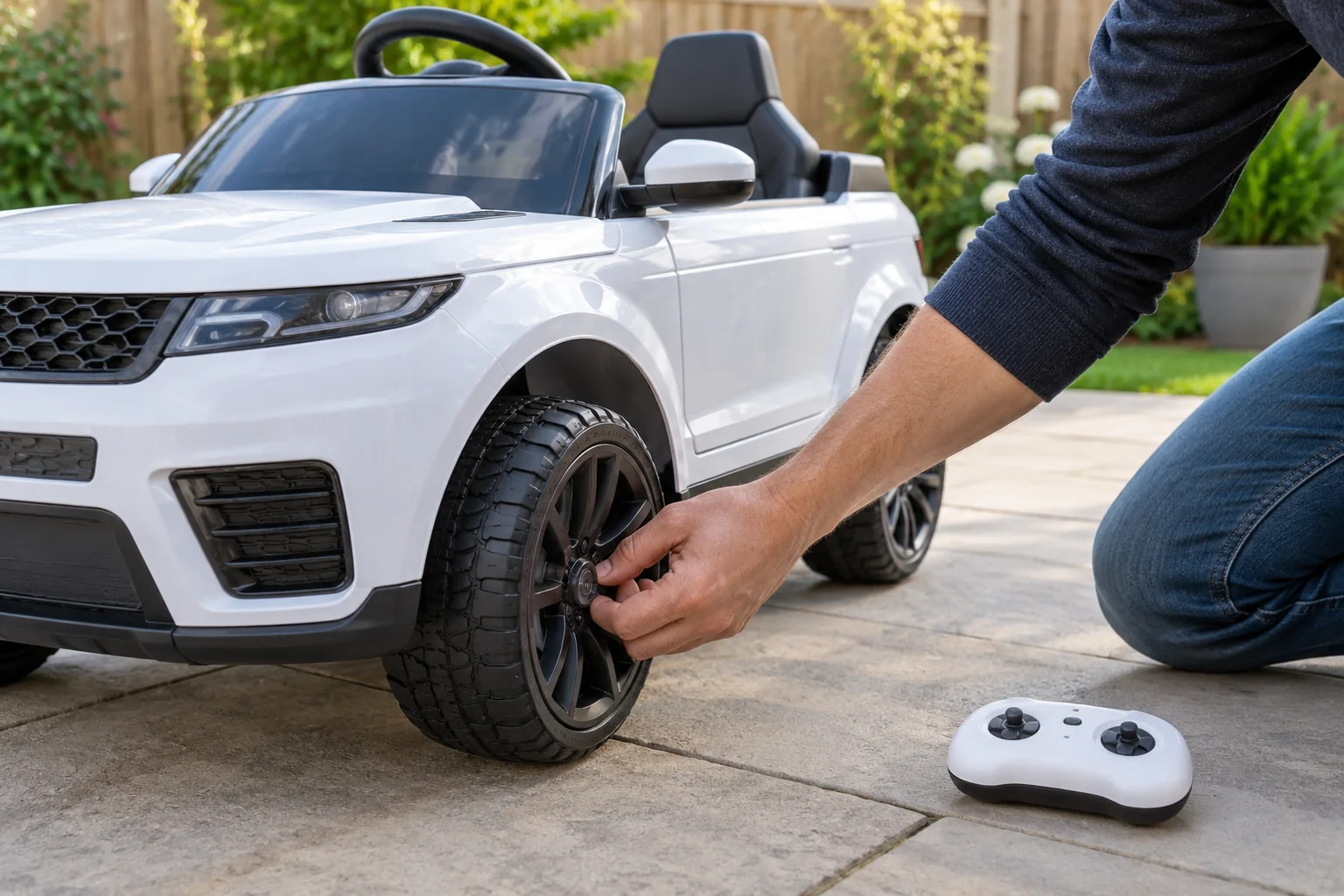 Erwachsener kontrolliert ein Rad am stehenden Kinder-Elektroauto